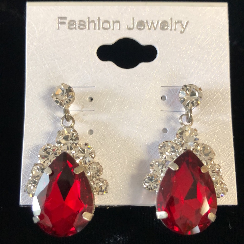 Rhinestone Earrings with Red Teardrop Crystals